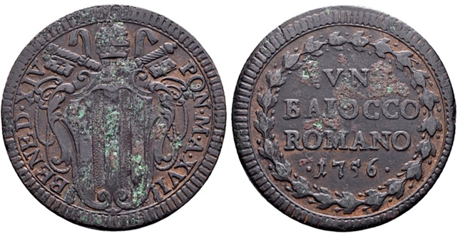 Benedict XIV 1756 1 Baiocco Rome mint